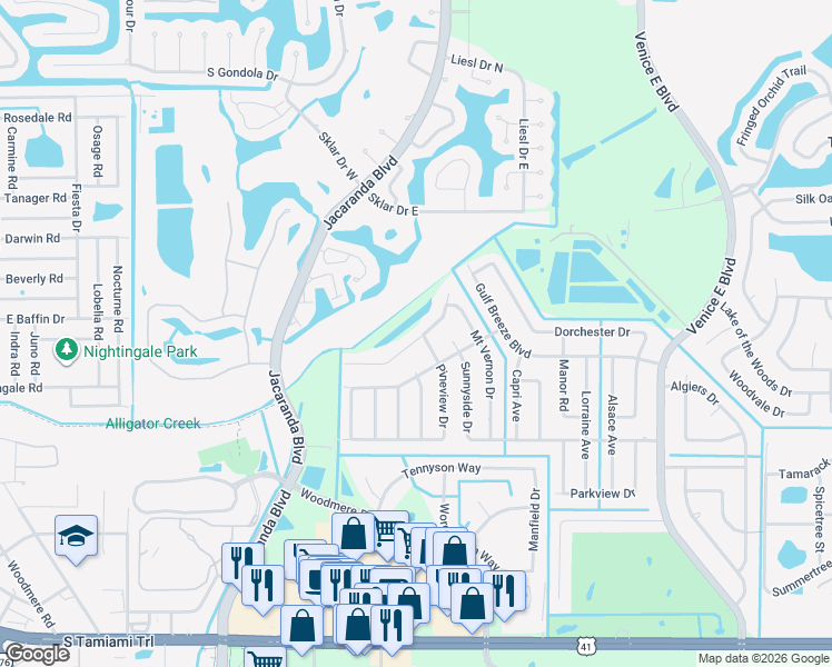 map of restaurants, bars, coffee shops, grocery stores, and more near 528 Bellaire Drive in Venice