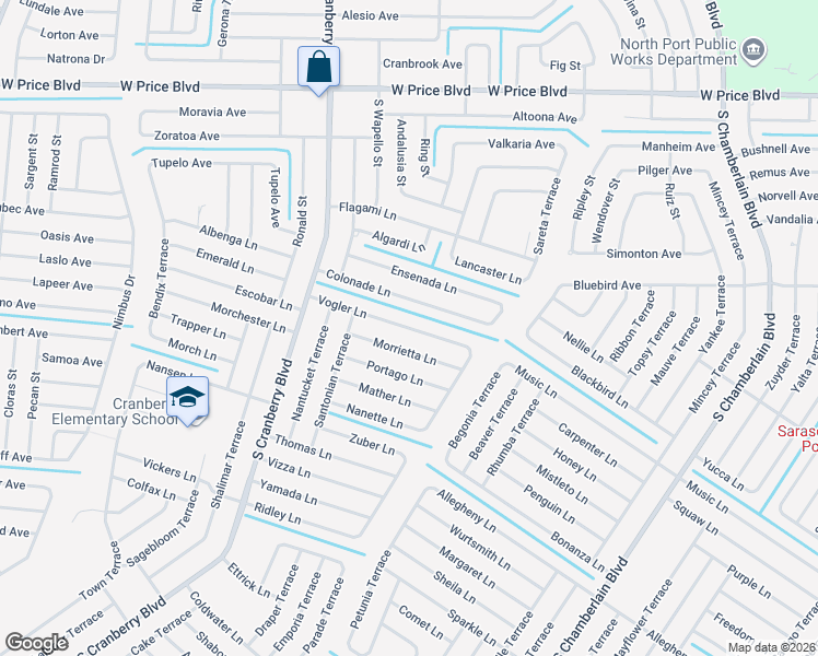 map of restaurants, bars, coffee shops, grocery stores, and more near 2645 Vogler Lane in North Port