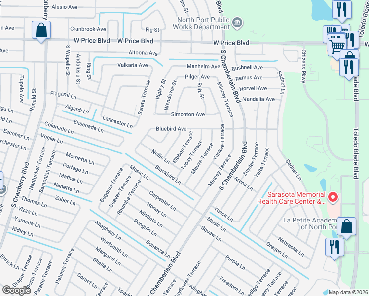 map of restaurants, bars, coffee shops, grocery stores, and more near 2171 Topsy Terrace in North Port