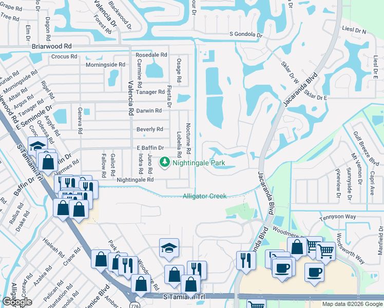 map of restaurants, bars, coffee shops, grocery stores, and more near 3163 Nocturne Road in Venice