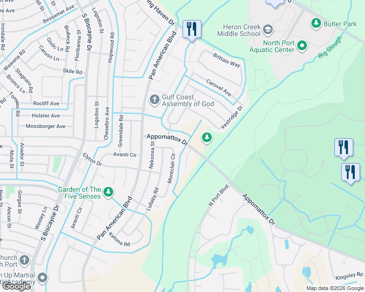 map of restaurants, bars, coffee shops, grocery stores, and more near 3151 Mill Run Court in North Port