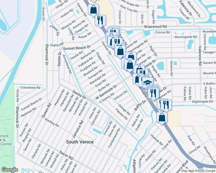 map of restaurants, bars, coffee shops, grocery stores, and more near 395 Burke Road in Venice
