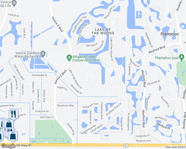 map of restaurants, bars, coffee shops, grocery stores, and more near 530 Waterwood Lane in Venice