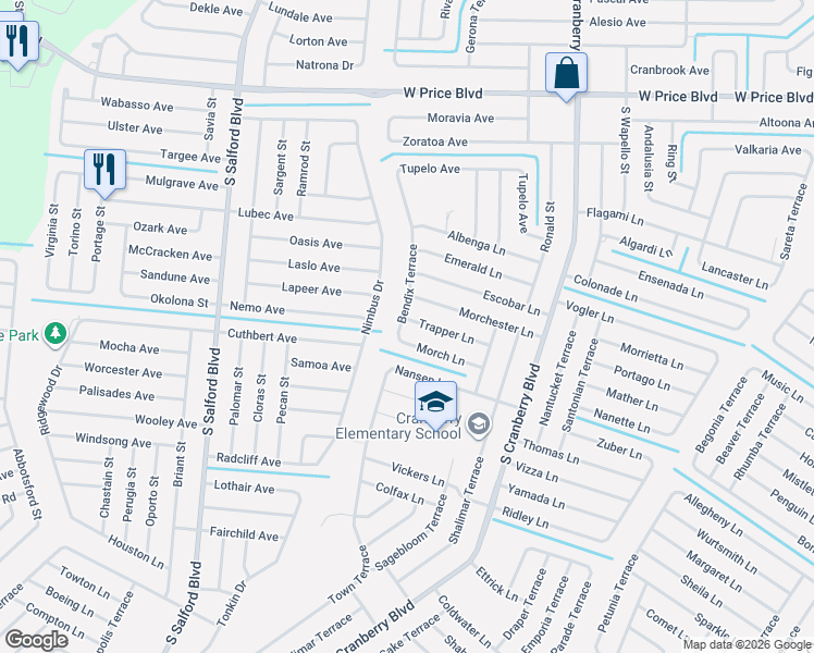 map of restaurants, bars, coffee shops, grocery stores, and more near 3379 Morch Lane in North Port