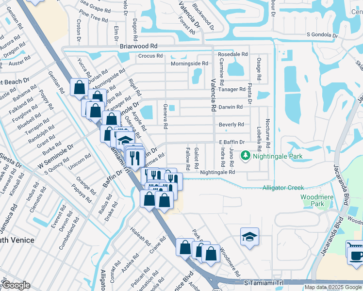 map of restaurants, bars, coffee shops, grocery stores, and more near 3149 Fallow Road in Venice