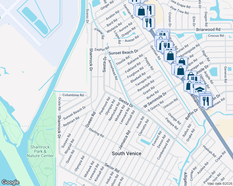 map of restaurants, bars, coffee shops, grocery stores, and more near 3205 Siesta Drive in Venice