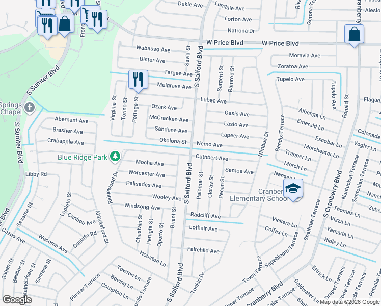 map of restaurants, bars, coffee shops, grocery stores, and more near 2073 South Salford Boulevard in North Port