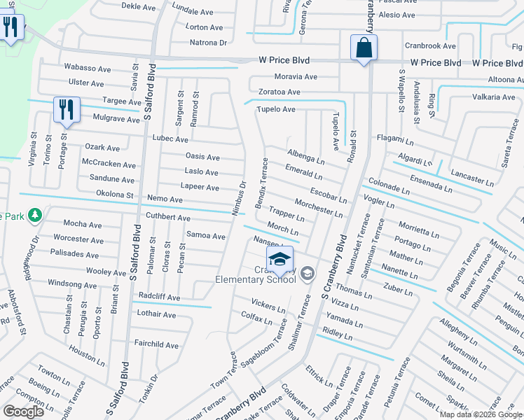map of restaurants, bars, coffee shops, grocery stores, and more near 3379 Morch Lane in North Port