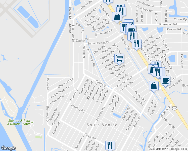map of restaurants, bars, coffee shops, grocery stores, and more near 3205 Siesta Drive in Venice