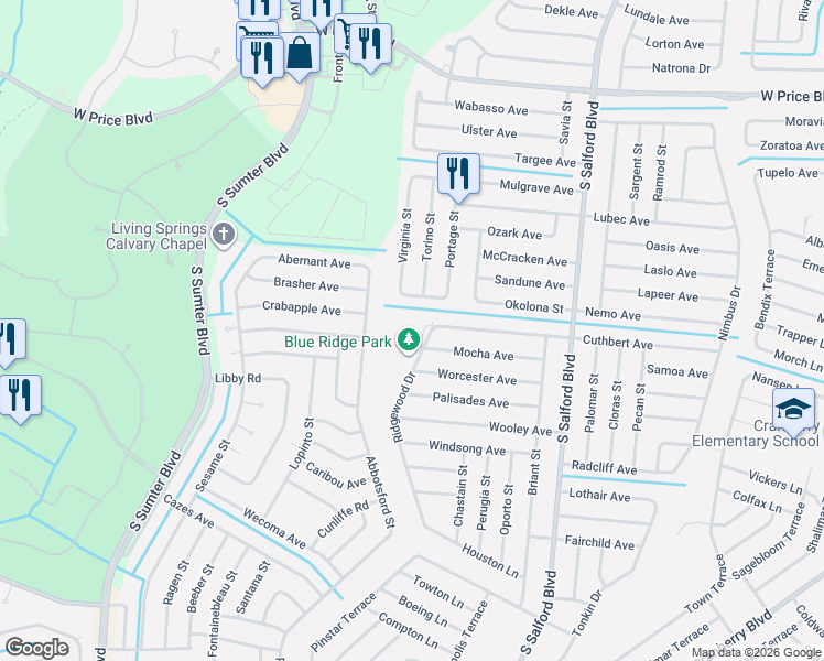 map of restaurants, bars, coffee shops, grocery stores, and more near 2155 Ridgewood Drive in North Port