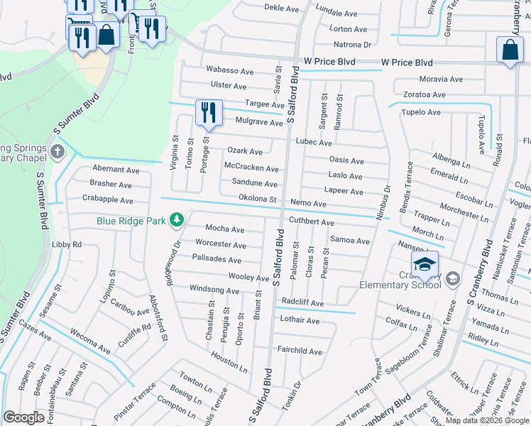 map of restaurants, bars, coffee shops, grocery stores, and more near 4154 Mocha Avenue in North Port