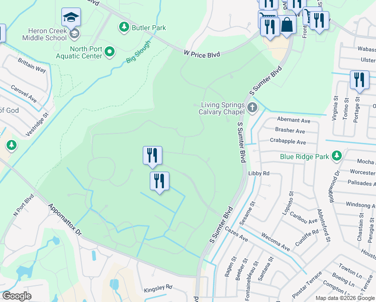 map of restaurants, bars, coffee shops, grocery stores, and more near 5297 Pine Shadow Lane in North Port