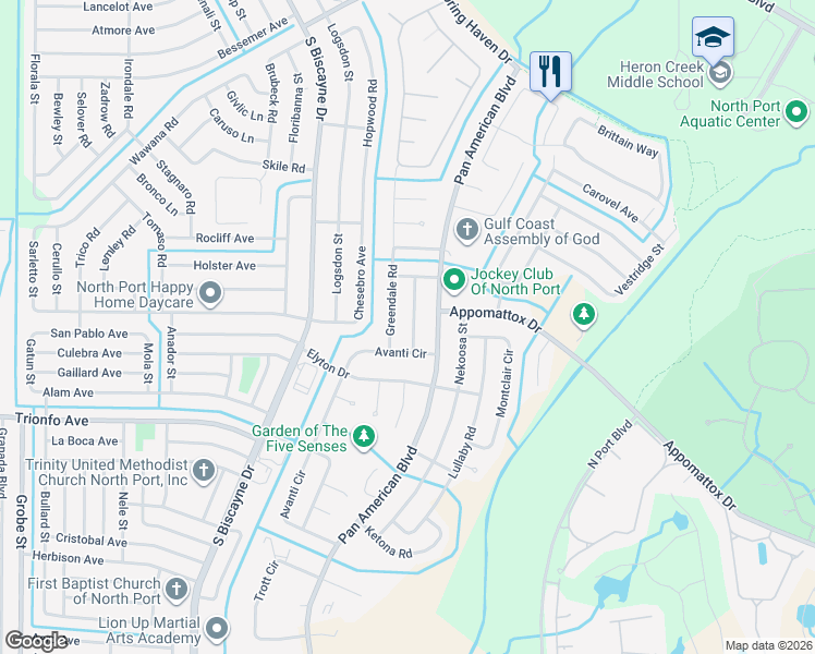 map of restaurants, bars, coffee shops, grocery stores, and more near 3315 Avanti Circle in North Port