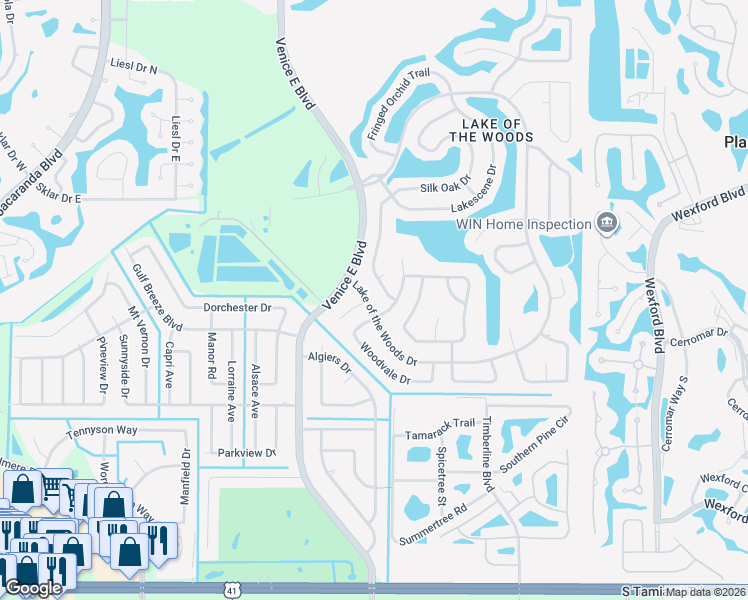 map of restaurants, bars, coffee shops, grocery stores, and more near 500 Cedarwood Lane in Venice