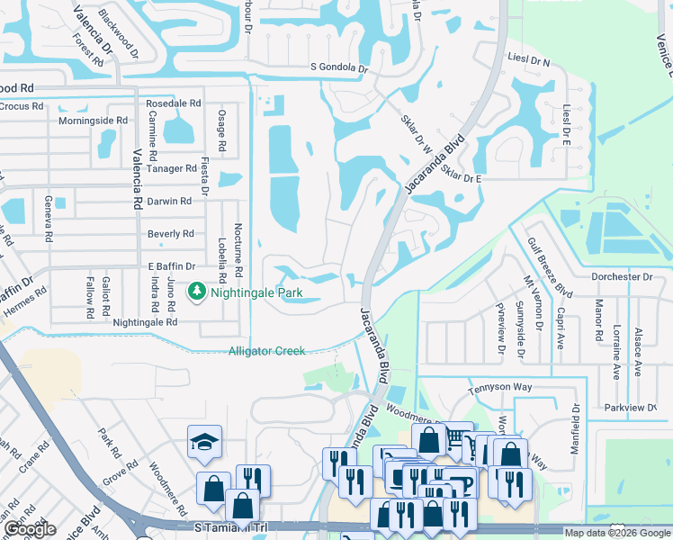 map of restaurants, bars, coffee shops, grocery stores, and more near 907 South Doral Lane in Venice