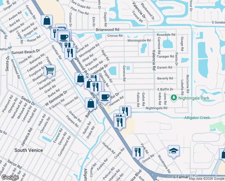 map of restaurants, bars, coffee shops, grocery stores, and more near 3171 Concord Road in Venice