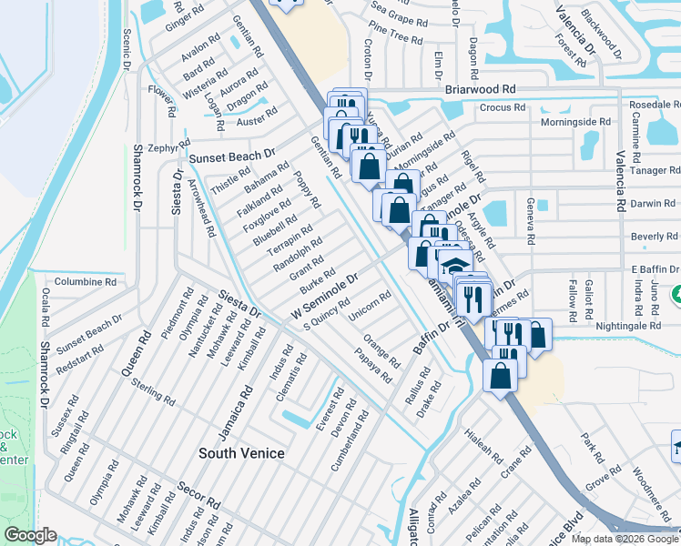 map of restaurants, bars, coffee shops, grocery stores, and more near 340 South Quincy Road in Venice
