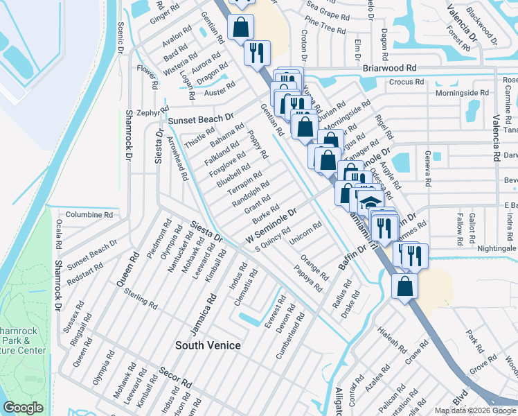 map of restaurants, bars, coffee shops, grocery stores, and more near 440 West Seminole Drive in Venice