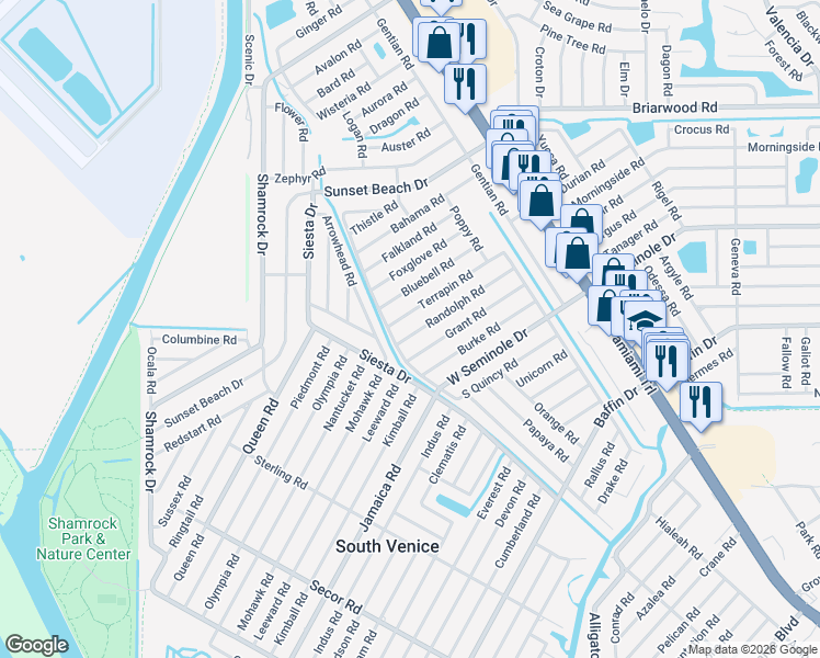 map of restaurants, bars, coffee shops, grocery stores, and more near 3181 Quincy Road in Venice