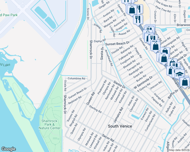 map of restaurants, bars, coffee shops, grocery stores, and more near 930 Queen Road in Venice