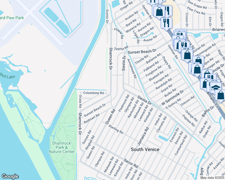 map of restaurants, bars, coffee shops, grocery stores, and more near 3231 Shamrock Drive in Venice
