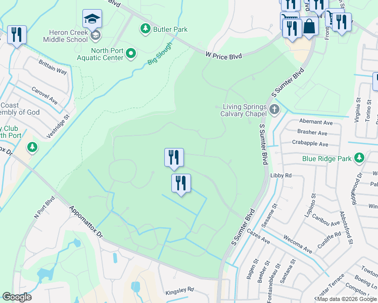 map of restaurants, bars, coffee shops, grocery stores, and more near 5344 Pine Shadow Lane in North Port