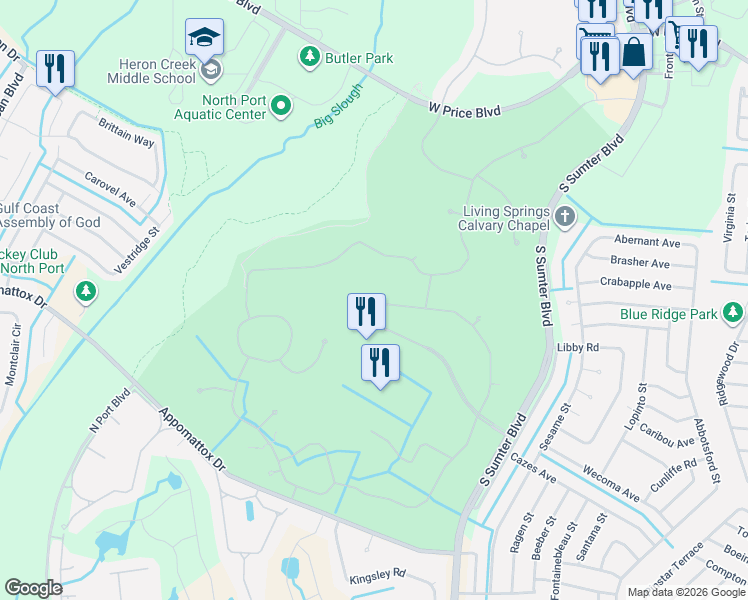 map of restaurants, bars, coffee shops, grocery stores, and more near 5344 Pine Shadow Lane in North Port