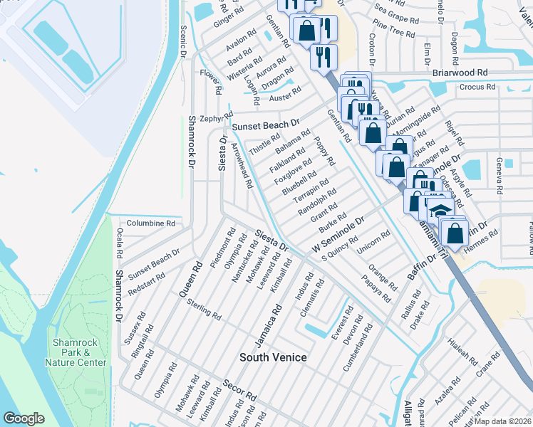map of restaurants, bars, coffee shops, grocery stores, and more near 3051 Arrowhead Road in Venice