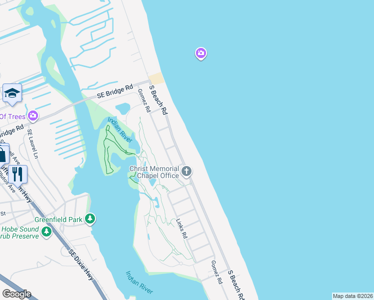 map of restaurants, bars, coffee shops, grocery stores, and more near 39 South Beach Road in Hobe Sound