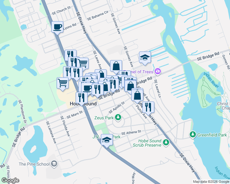 map of restaurants, bars, coffee shops, grocery stores, and more near 9105 Southeast Bridge Road in Hobe Sound