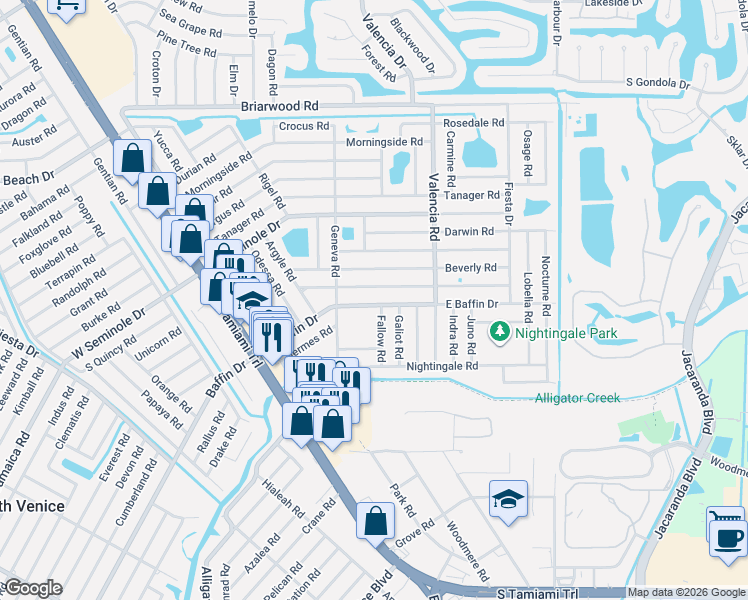map of restaurants, bars, coffee shops, grocery stores, and more near 503 Bradenton Road in Venice