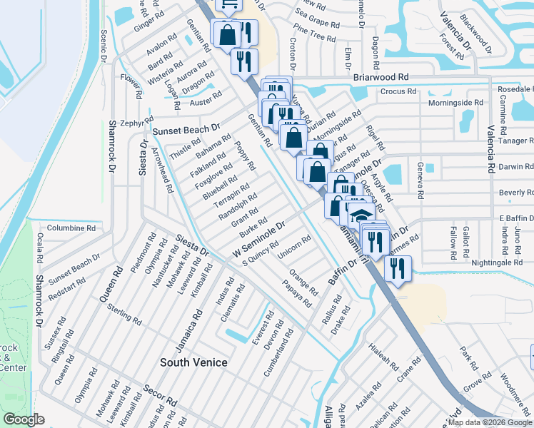 map of restaurants, bars, coffee shops, grocery stores, and more near 390 Grant Road in Venice