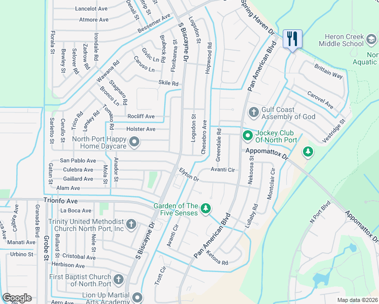 map of restaurants, bars, coffee shops, grocery stores, and more near 2942 Logsdon Street in North Port