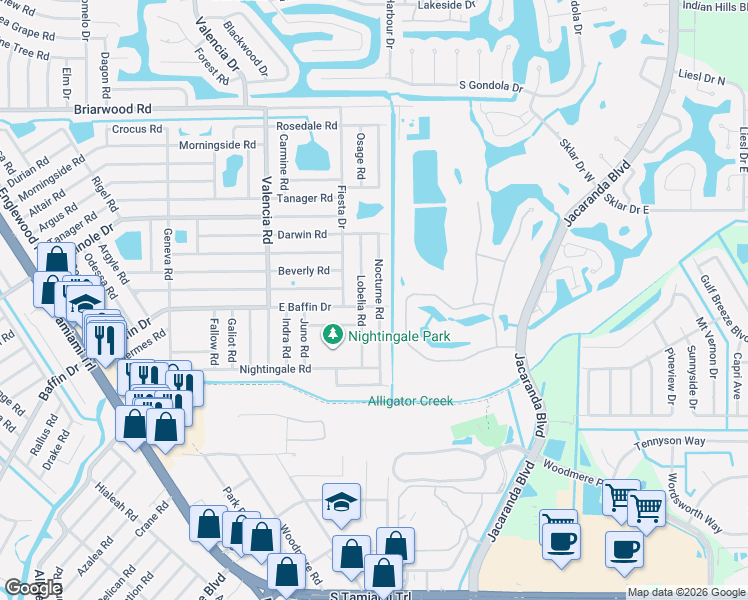 map of restaurants, bars, coffee shops, grocery stores, and more near 3012 Lobelia Road in Venice
