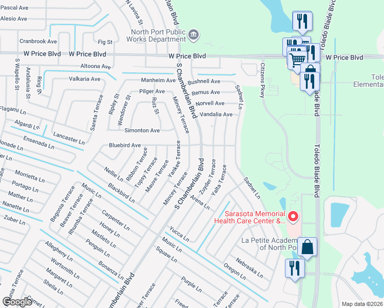 map of restaurants, bars, coffee shops, grocery stores, and more near 2001 South Chamberlain Boulevard in North Port
