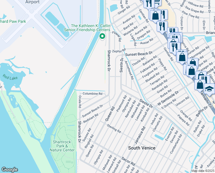 map of restaurants, bars, coffee shops, grocery stores, and more near 3064 Shamrock Drive in Venice