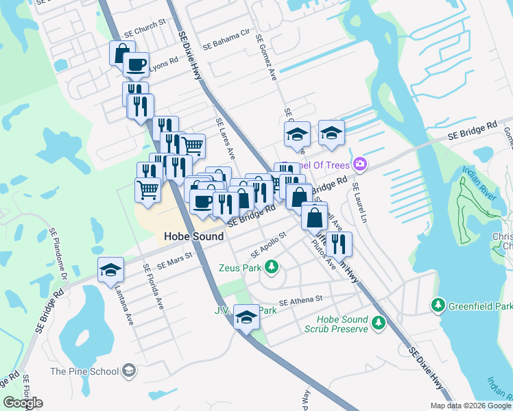 map of restaurants, bars, coffee shops, grocery stores, and more near 8995 Southeast Anstis Place in Hobe Sound