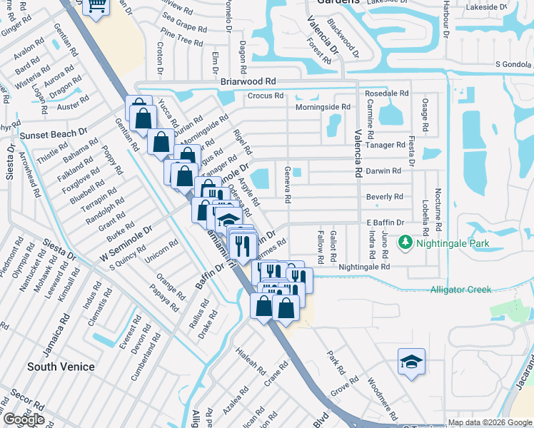 map of restaurants, bars, coffee shops, grocery stores, and more near 311 Bradenton Road in Venice