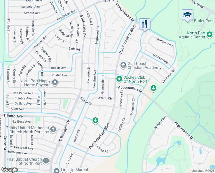 map of restaurants, bars, coffee shops, grocery stores, and more near 3066 Idlewood Street in North Port