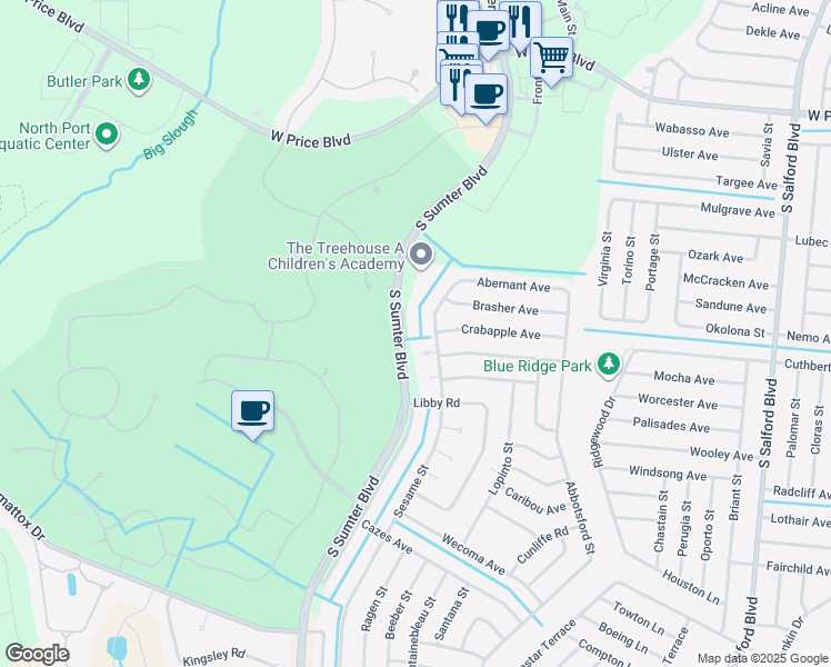 map of restaurants, bars, coffee shops, grocery stores, and more near 3070 South Sumter Boulevard in North Port