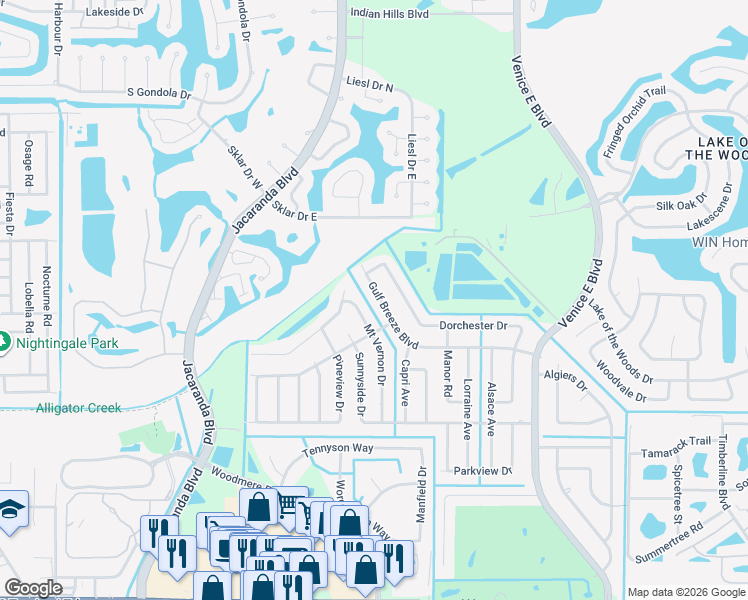 map of restaurants, bars, coffee shops, grocery stores, and more near 407 Gulf Breeze Boulevard in Venice