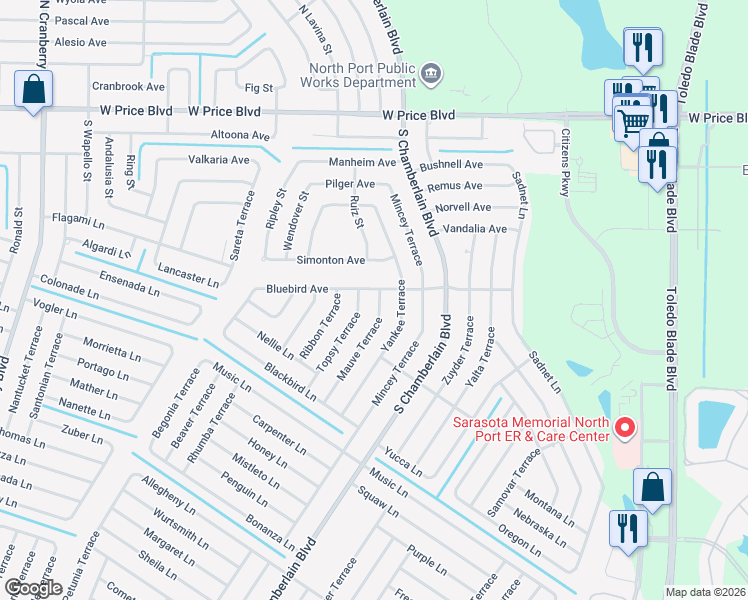 map of restaurants, bars, coffee shops, grocery stores, and more near 2021 Mauve Terrace in North Port