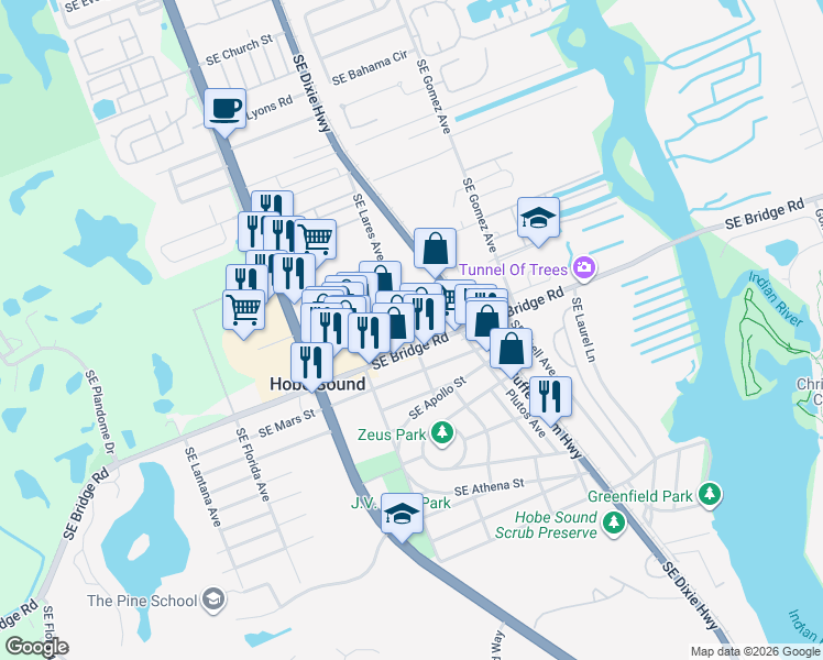 map of restaurants, bars, coffee shops, grocery stores, and more near 8995 Southeast Anstis Place in Hobe Sound