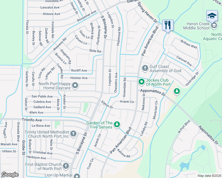 map of restaurants, bars, coffee shops, grocery stores, and more near 2942 Logsdon Street in North Port