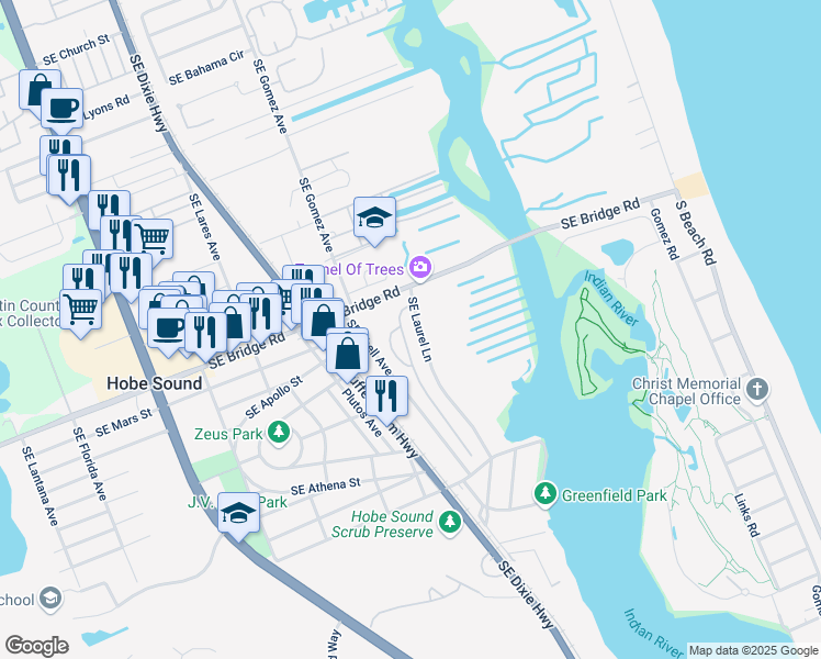 map of restaurants, bars, coffee shops, grocery stores, and more near 11700 Southeast Laurel Lane in Hobe Sound