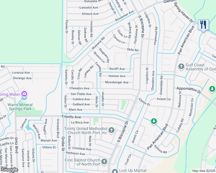map of restaurants, bars, coffee shops, grocery stores, and more near 8256 Chesebro Avenue in North Port