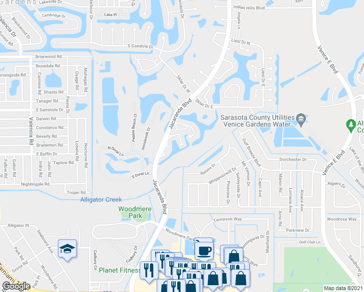 map of restaurants, bars, coffee shops, grocery stores, and more near 2229 Parklake Point in Venice