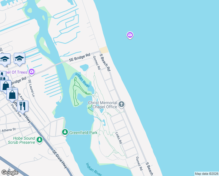 map of restaurants, bars, coffee shops, grocery stores, and more near 31 Gomez Road in Hobe Sound