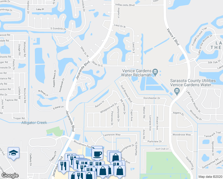 map of restaurants, bars, coffee shops, grocery stores, and more near 500 Bellaire Drive in Venice