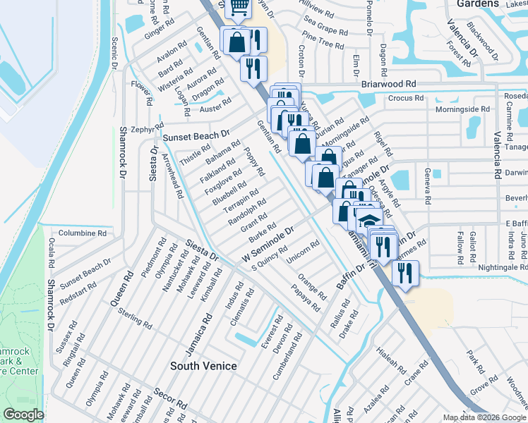 map of restaurants, bars, coffee shops, grocery stores, and more near 390 Grant Road in Venice